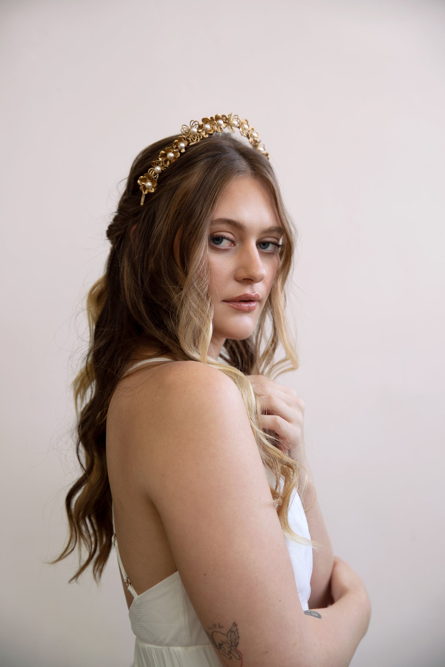 Rosa - Gold Floral Buds and Pearl Tiara, headband, crown