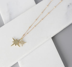 Double Shooting Star Necklace, Gold Necklace, Dainty Gold Jewelry, Celestial, Gold Chain, Luminous Collection