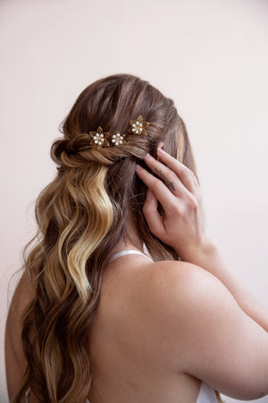 Flora - Set of Three Gold and White Flower Hairpins