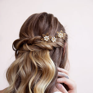 Flora - Set of Three Gold and White Flower Hairpins