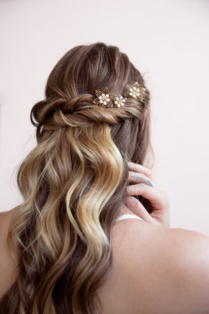 Flora - Set of Three Gold and White Flower Hairpins