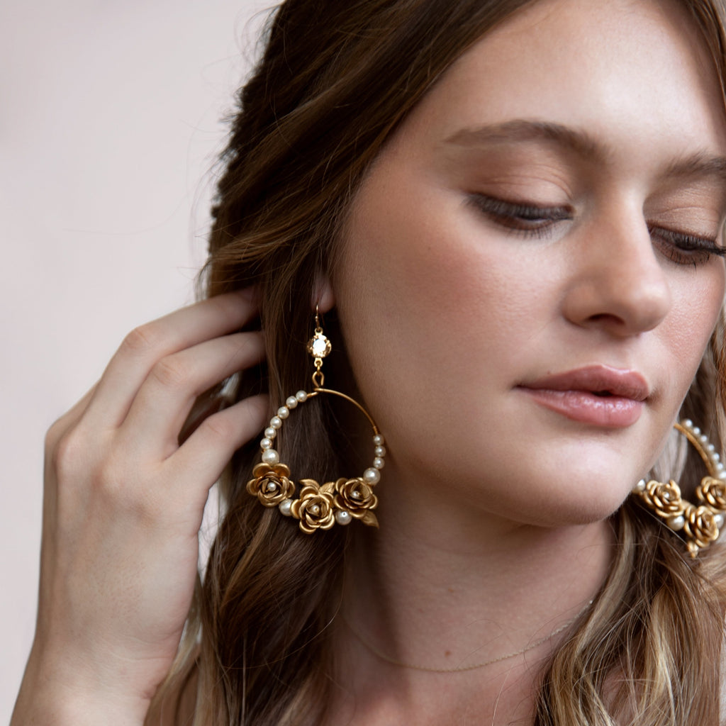 Lillian - Gold Rose and Pearls Hoop Statement Earrings