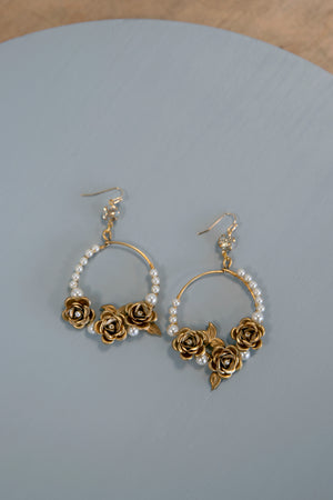 Lillian - Gold Rose and Pearls Hoop Statement Earrings