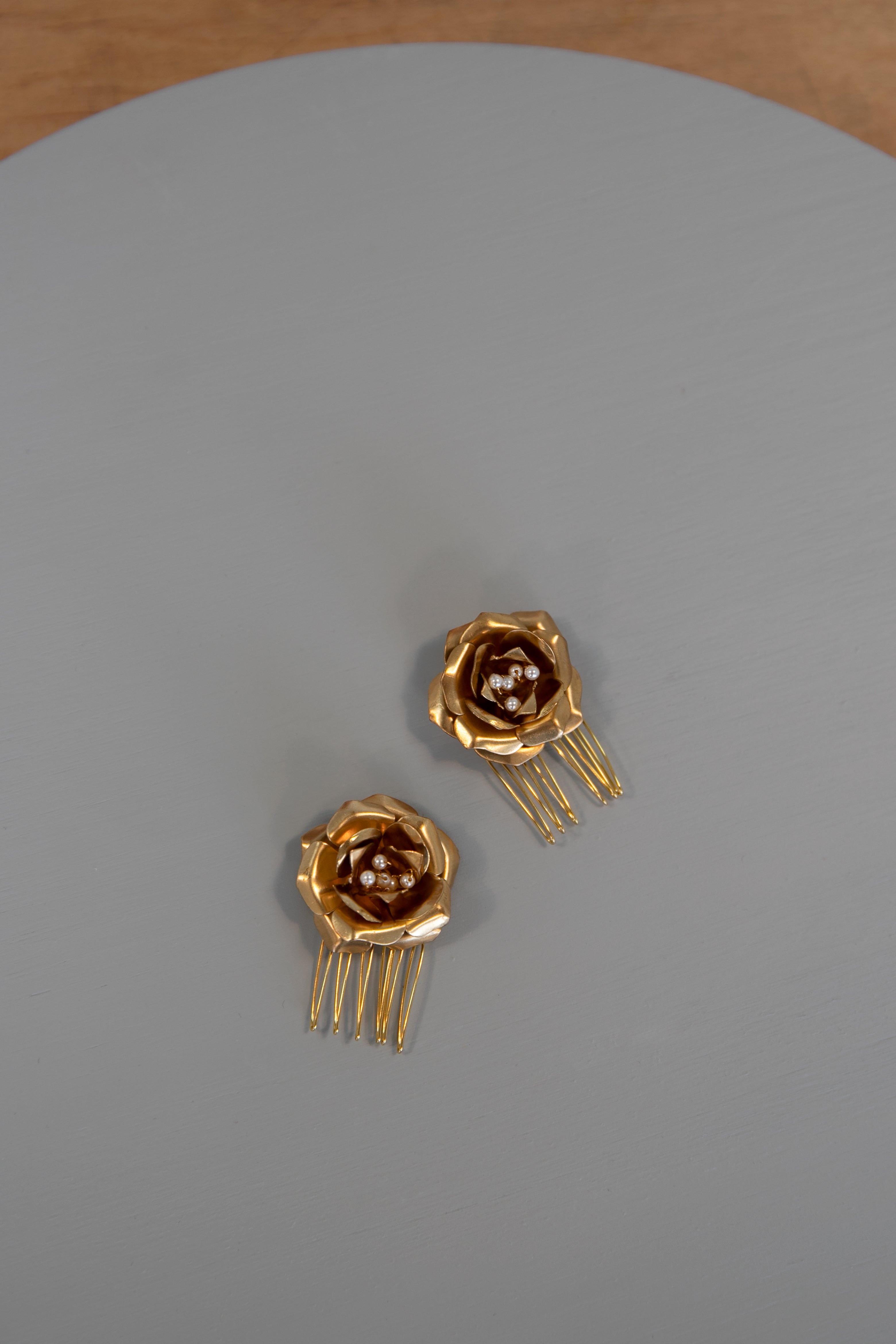 Ida - Set of Two Gold Rose and Pearl Hair Combs – Acute Designs