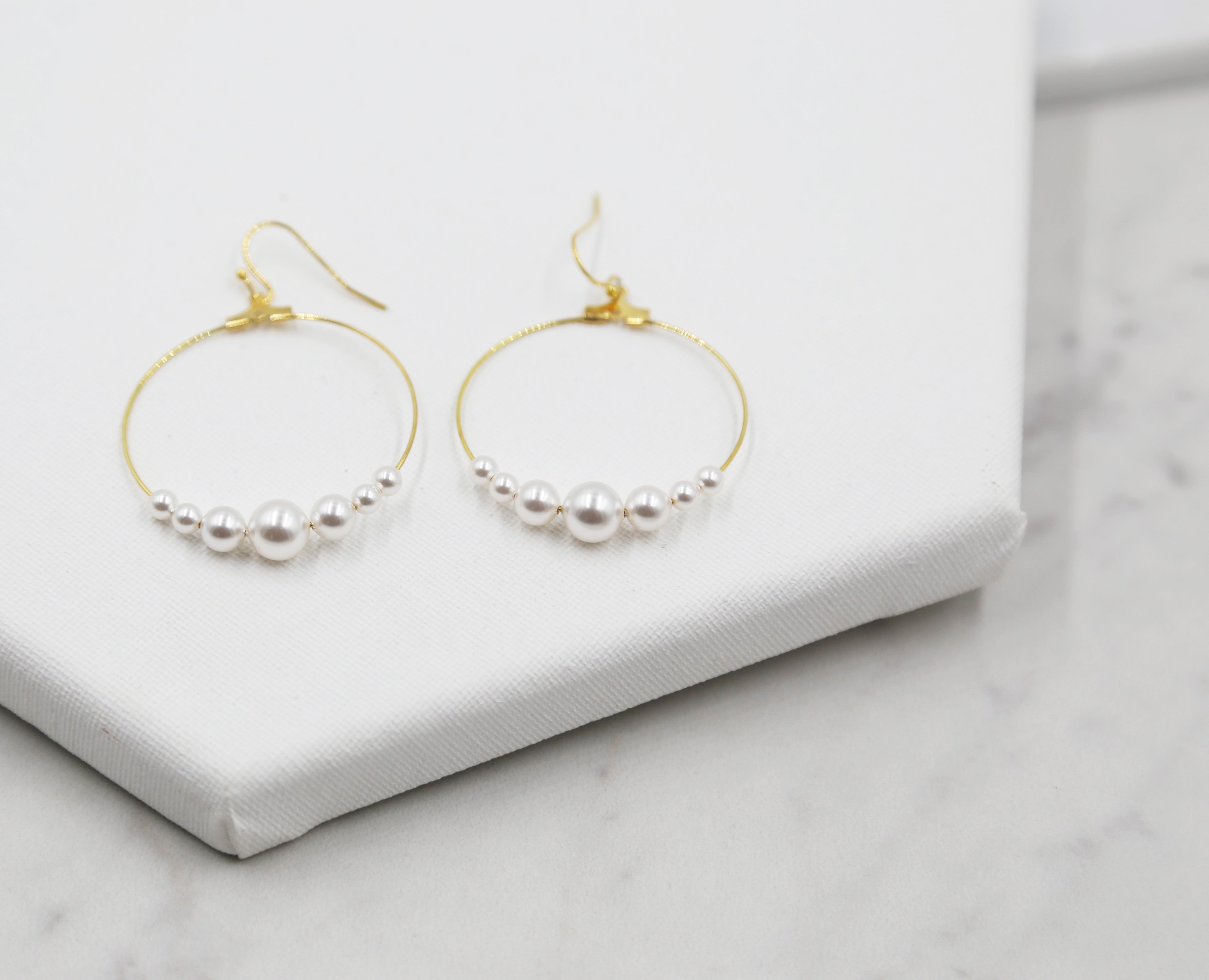Large Pearl Hoop Earrings, gold hoops, swarovski pearls, bridal earrings, wedding, beaded earrings, classic, big hoop earrings, white pearls