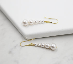 Long Pearl Gold Earrings, dangle, stick, swarovski pearls, bridal, wedding, beaded earrings, classic, big hoop earrings, white pearls