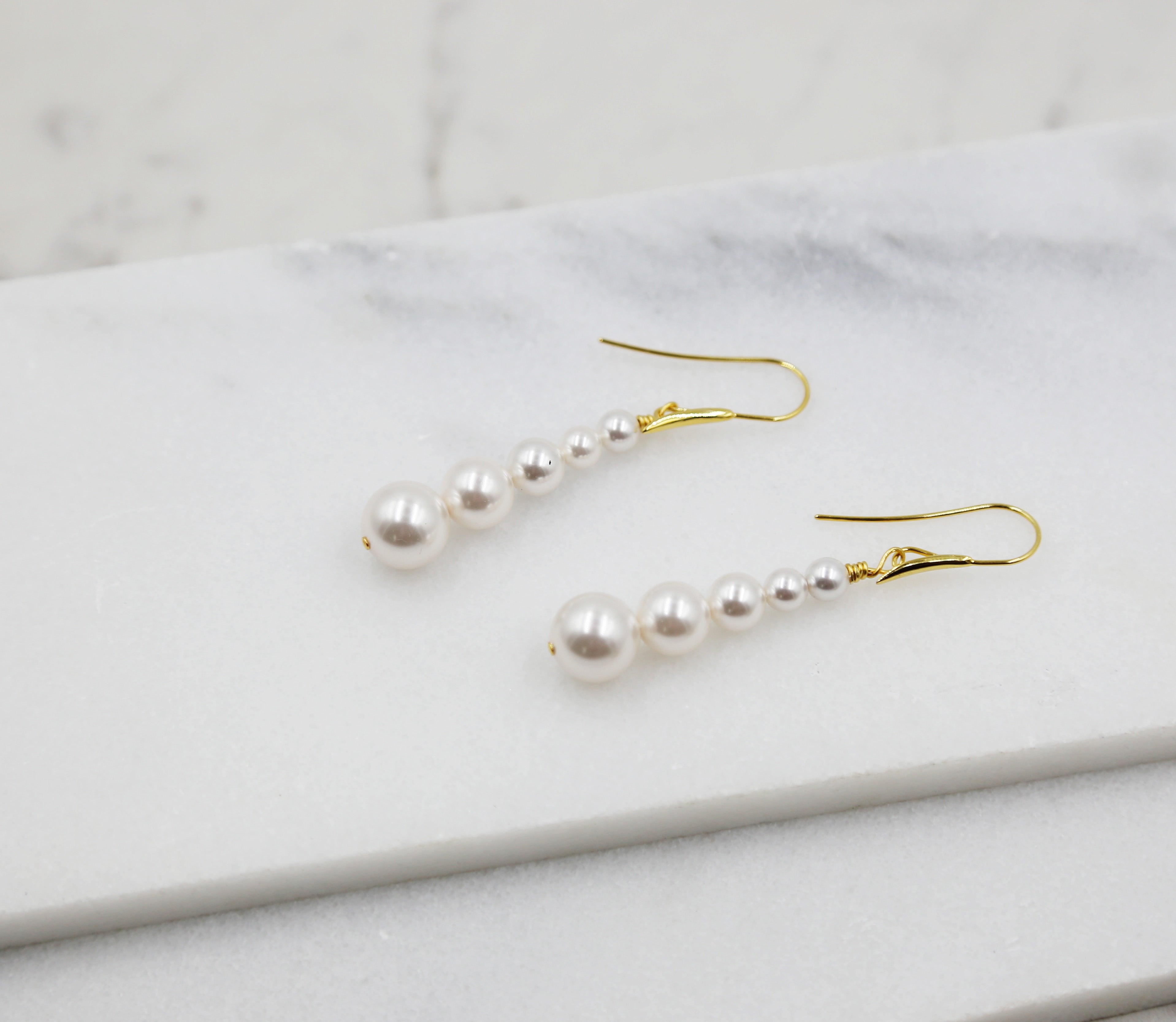 Long Pearl Gold Earrings, dangle, stick, swarovski pearls, bridal, wedding, beaded earrings, classic, big hoop earrings, white pearls