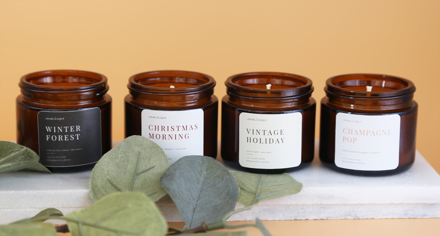 Gift Set of Four Scented Holiday Candles - Vintage Holiday / Winter Forest / Champagne Pop / Christmas Morning
