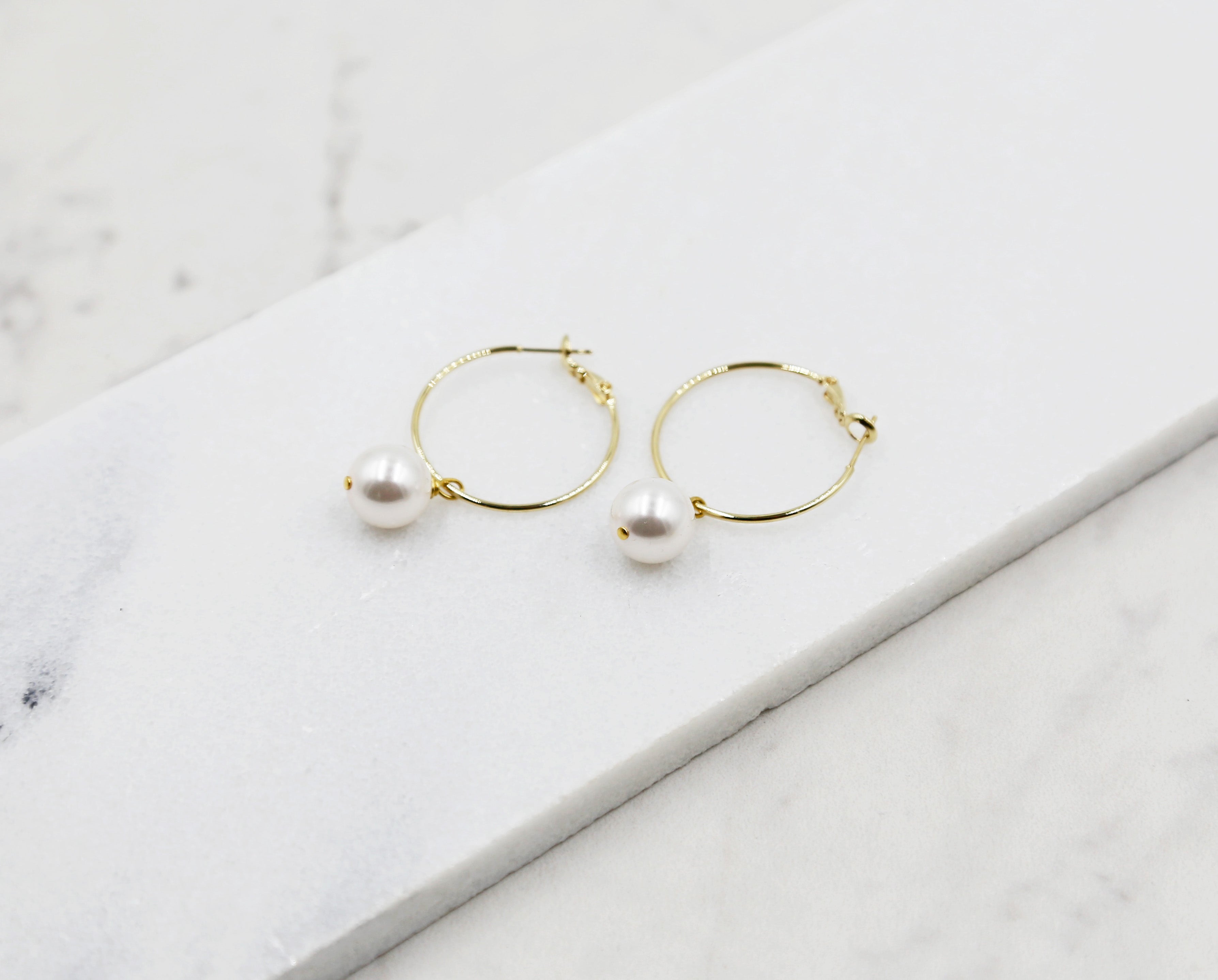 Small Pearl Gold Hoop Earrings dangle hoops swarovski pearls