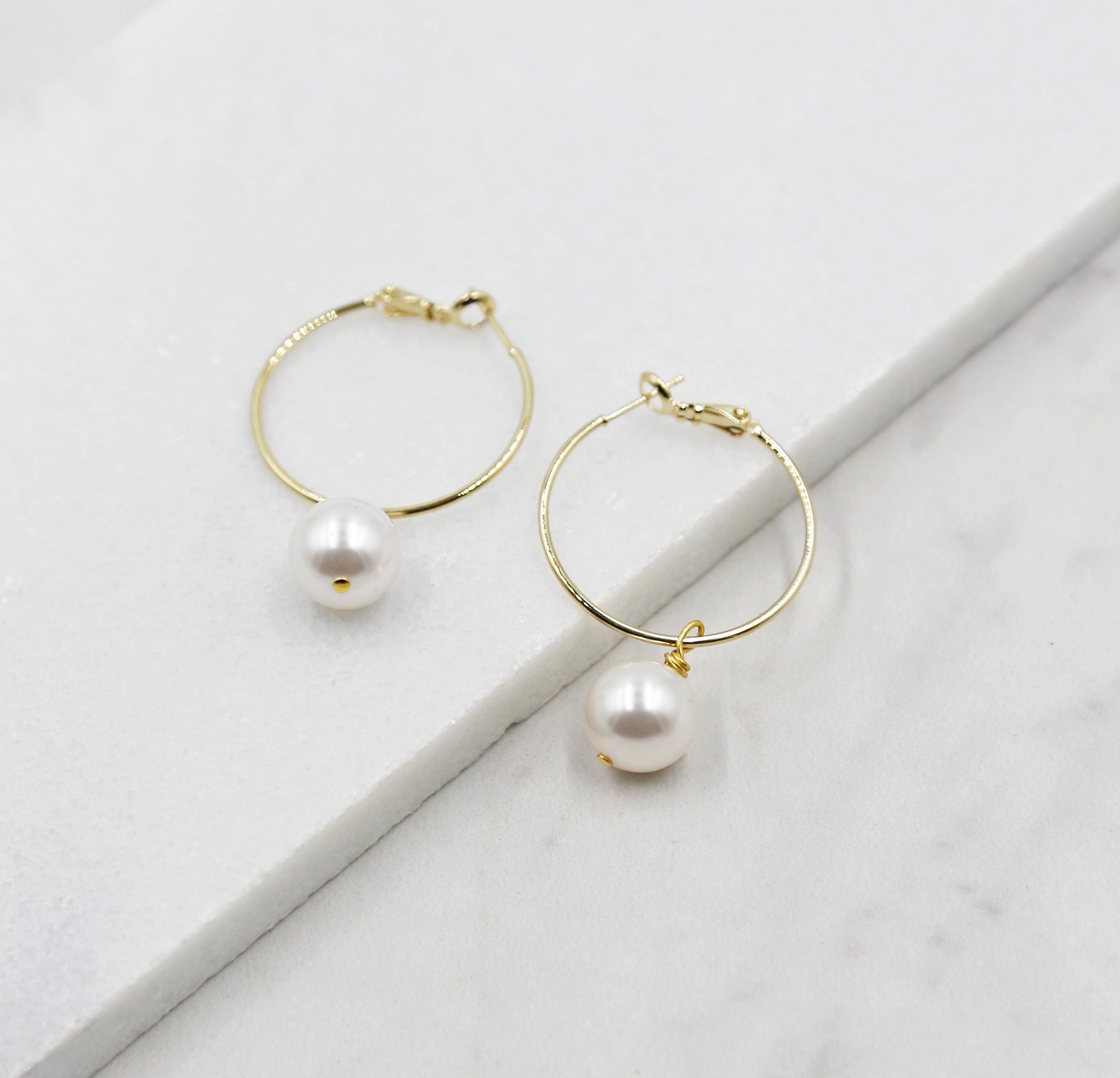Small Pearl Gold Hoop Earrings, dangle, hoops, swarovski pearls, brida –  Acute Designs