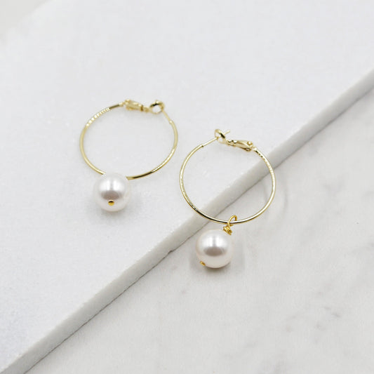 Small Pearl Gold Hoop Earrings, dangle, hoops, swarovski pearls, bridal, wedding, beaded earrings, classic, big hoop earrings, white pearls