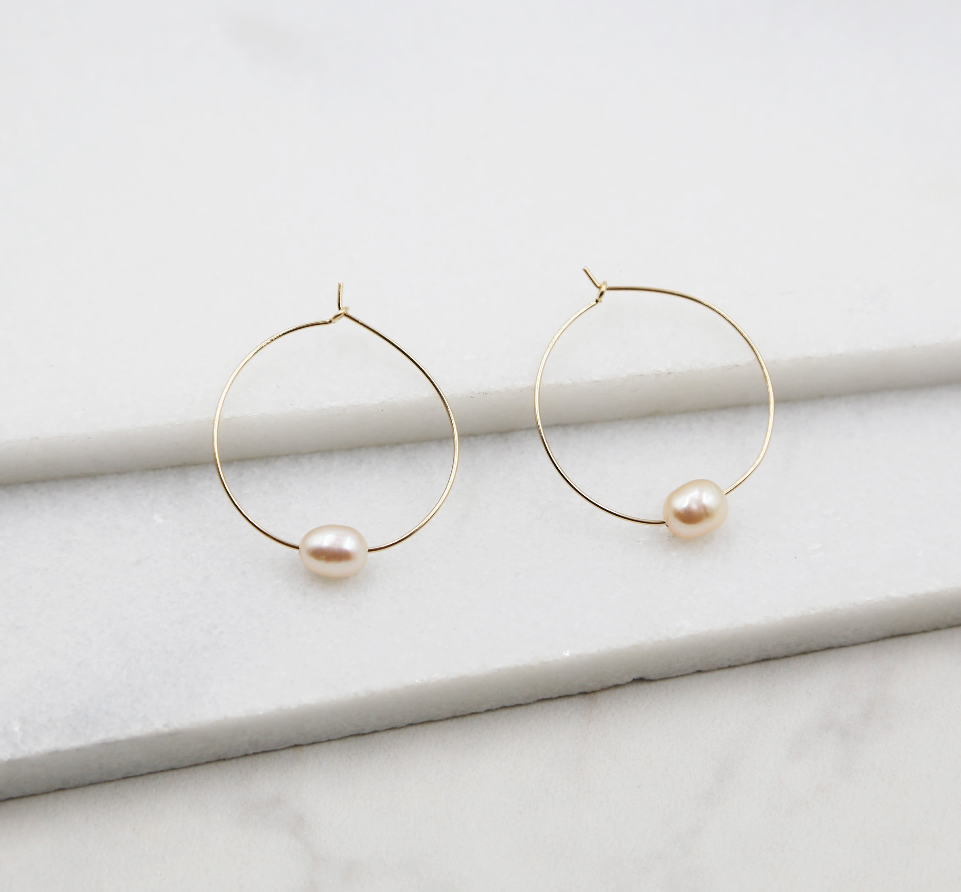 Small Pink Pearl and Gold Hoop Earrings, dangle, hoops, real pearls, bridal, wedding, beaded, classic, big hoop earrings, pastel, pink