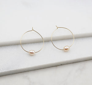 Small Pink Pearl and Gold Hoop Earrings, dangle, hoops, real pearls, bridal, wedding, beaded, classic, big hoop earrings, pastel, pink