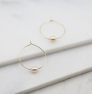Small Pink Pearl and Gold Hoop Earrings, dangle, hoops, real pearls, bridal, wedding, beaded, classic, big hoop earrings, pastel, pink