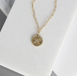 Bright Star and Sparkle Medallion Necklace, Gold Necklace, Pendant, Dainty Gold Jewelry, Celestial, Gold Chain, Luminous Collection
