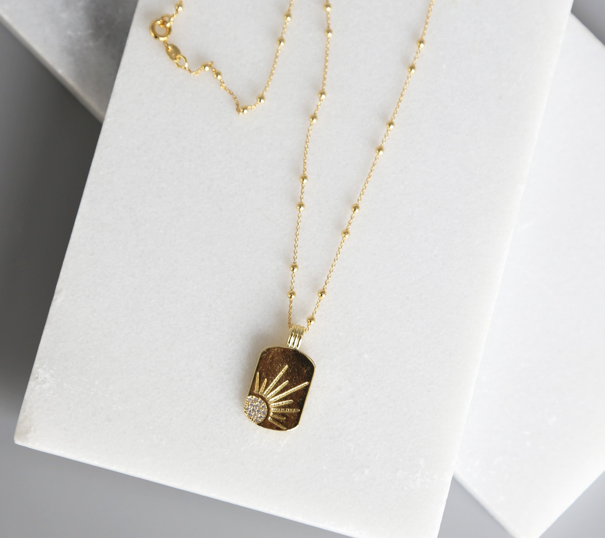Golden Rays and Sparkle Pendant Necklace, Gold Necklace, Tag Necklace, Dainty Gold Jewelry, Celestial, Gold Chain, Luminous Collection