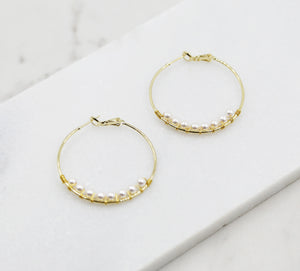 Tiny Pearl Hoop Earrings, gold hoops, swarovski pearls, bridal earrings, wedding, beaded earrings, classic, big hoop earrings, white pearls