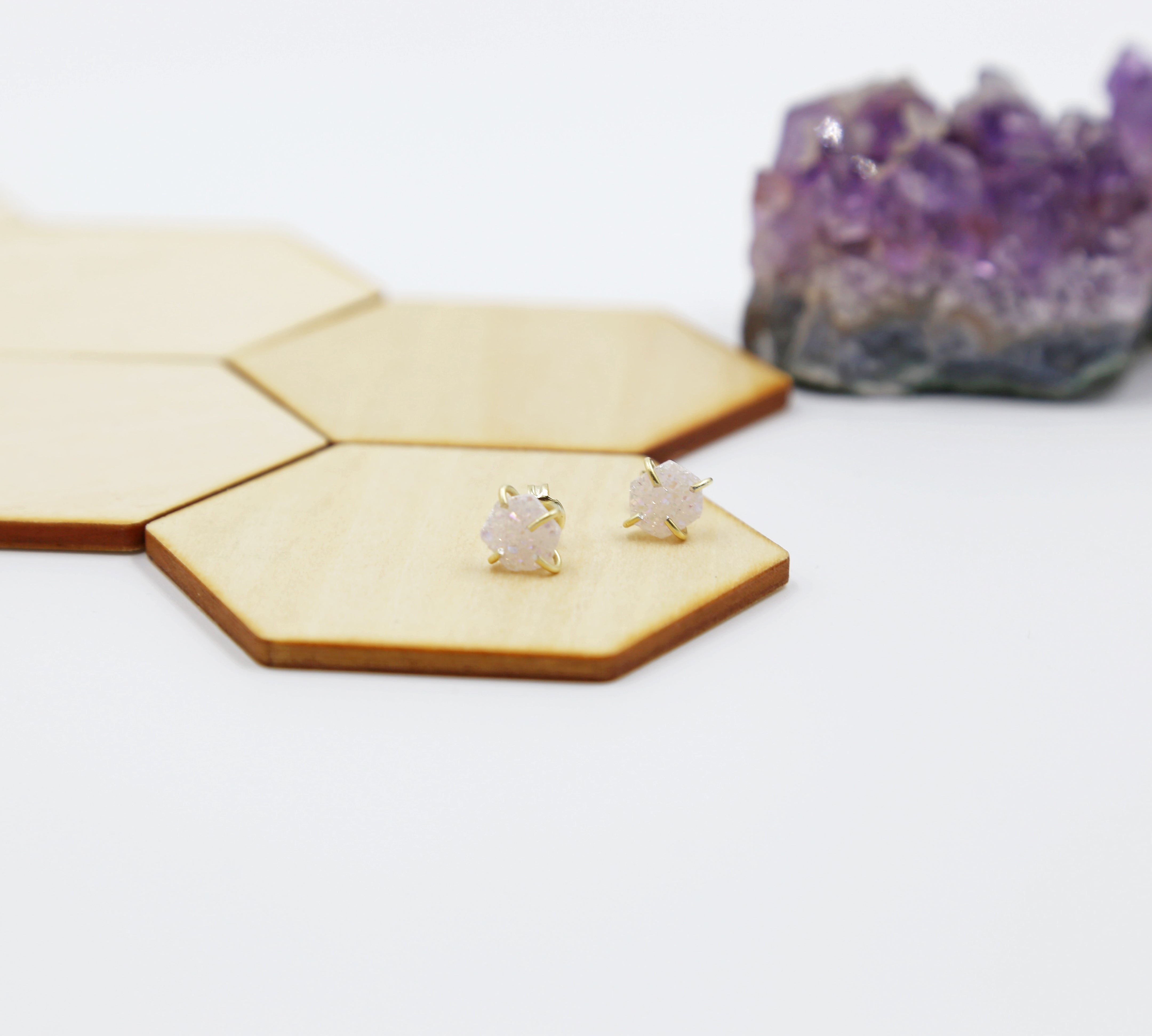 Hexagon Natural Druzy Stud Earrings