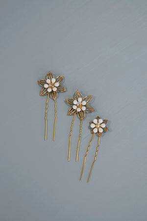 Flora - Set of Three Gold and White Flower Hairpins