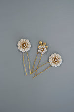 Daisy - Set of Three White and Gold Flower Hairpins