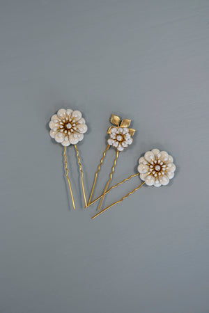 Daisy - Set of Three White and Gold Flower Hairpins