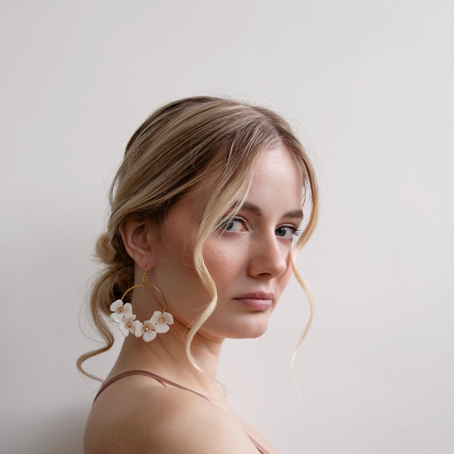 Ivy - White Floral and Gold Hoop Statement Earrings