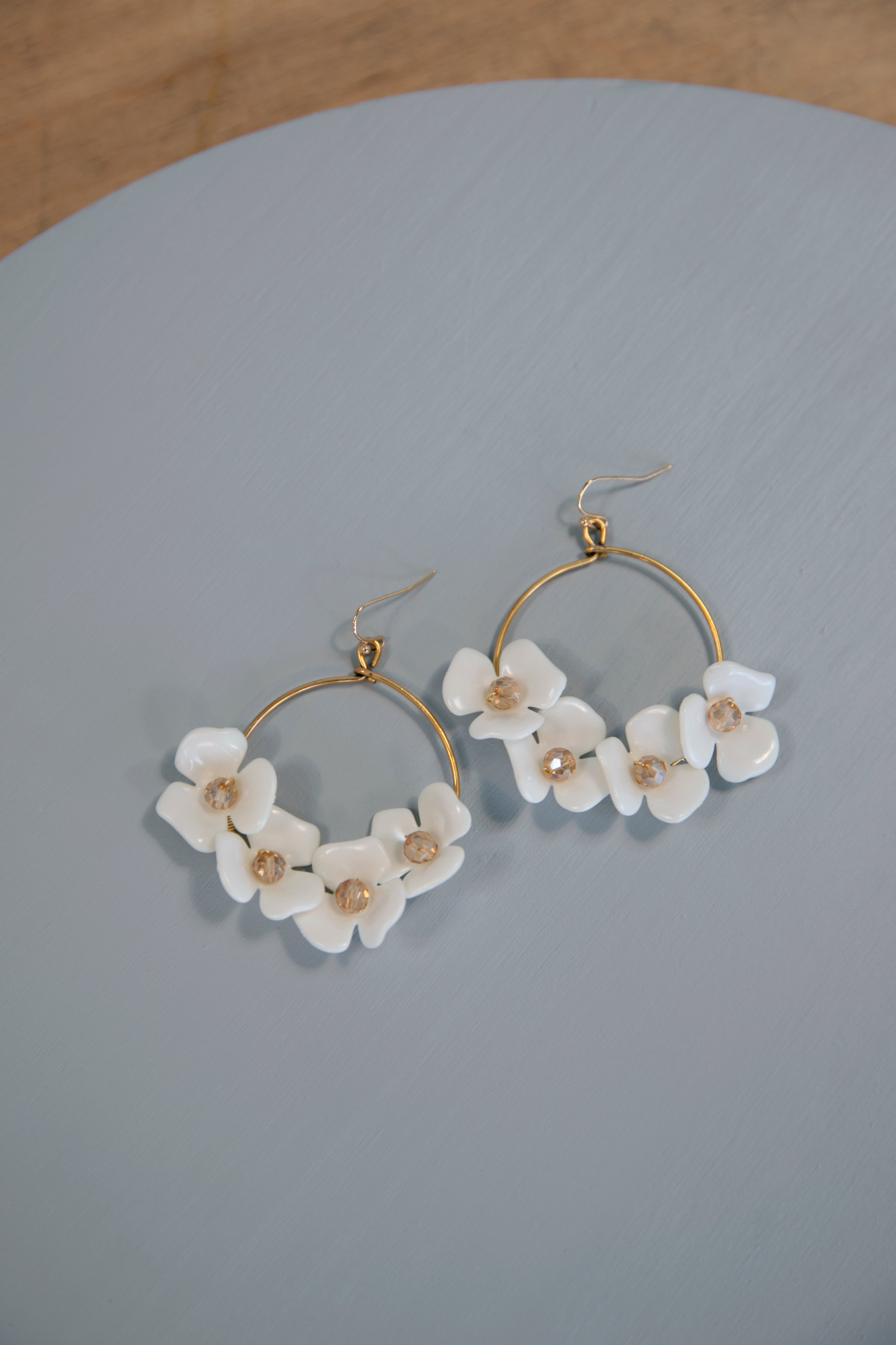 Ivy White Floral and Gold Hoop Statement Earrings Acute Designs