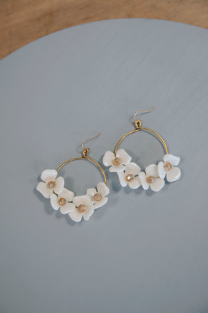 Ivy - White Floral and Gold Hoop Statement Earrings